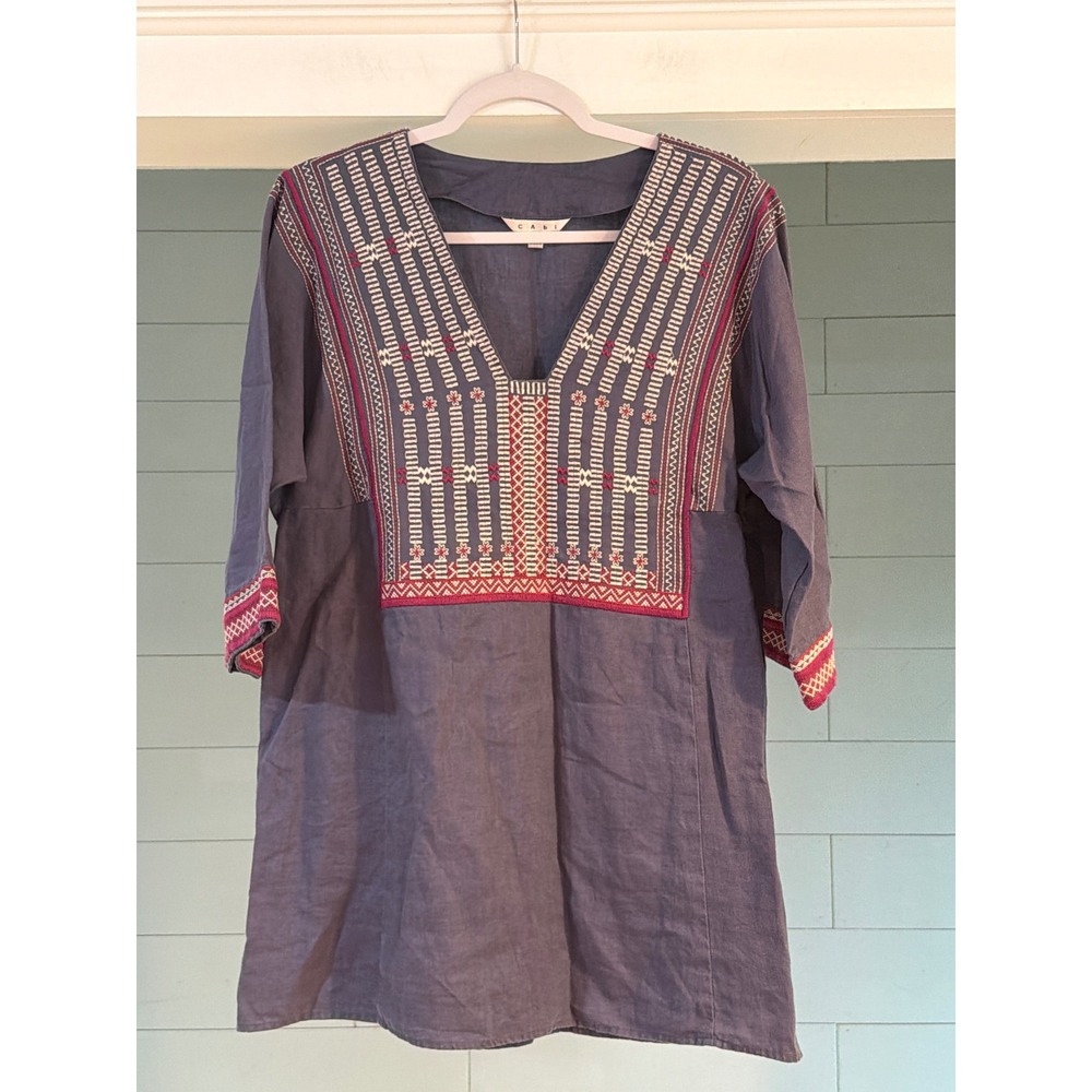 Cabi 996 Women Blue 100% Linen Embroidered V-Neck Boho Tunic Top Size M